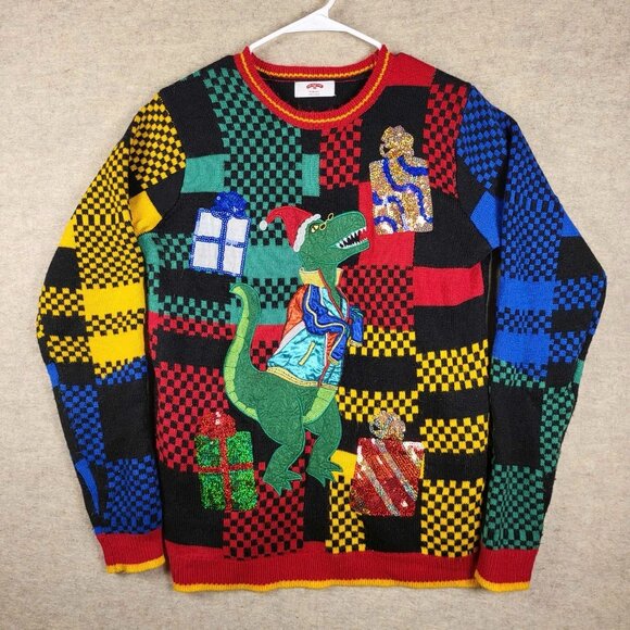 Holiday Time Adult Med Ugly Christmas Sweater Dinosaur T-Rex Presents - Picture 2 of 14